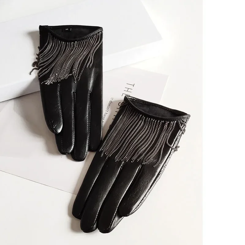 Women's fashion tassel genuine leather glove black touch screen sheepskin gloves velvet lined thick warm