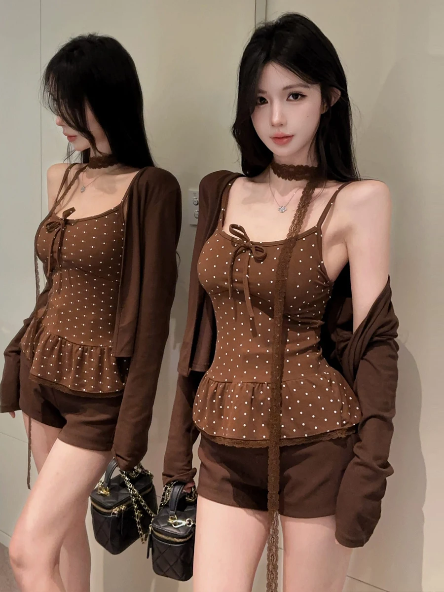 Sexy Fashion Polka Dot Print Waist-Cinching Long Sleeve Base Tank Top Slimming Open Cardigan Top with Sash Two-Piece Set for ...