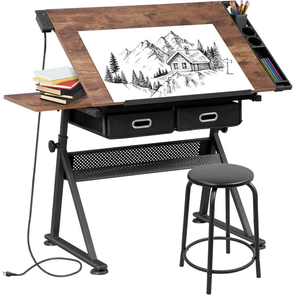 Drafting Table Set with Charging Station, Height Adjustable Tilting Drawing Desk Artist Desk with Stool Multifunctional Art Cra