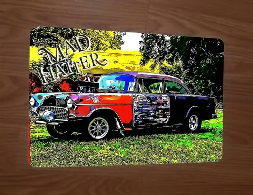 Letrero Metálico con Diseño de Dibujos Animados de Mad Hatter, Estilo Hot Rod Gasser, Chevrolet Bel Air 1955
