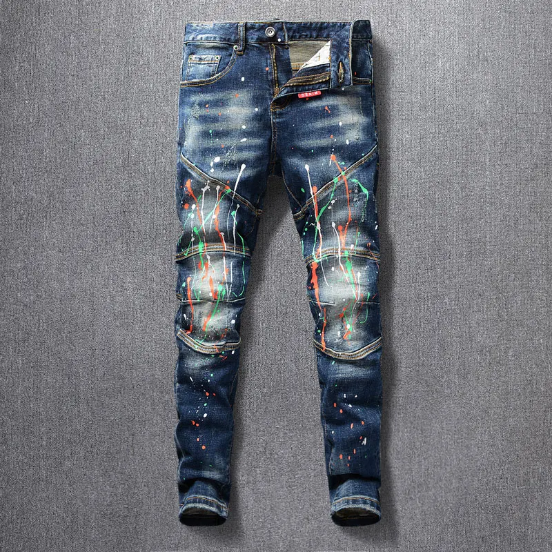 

Fashion Vintage Men Jeans Retro Dark Blue Stretch Slim Fit Spliced Ripped Jeans Men Painted Designer Hip Hop Biker Pants Hombre