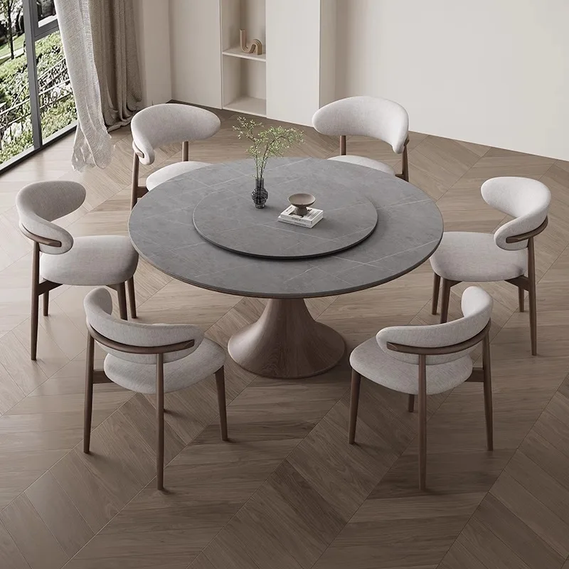 

Solid wood slate round dining table with turntable dining table and chairs designer combination modern simple walnut color
