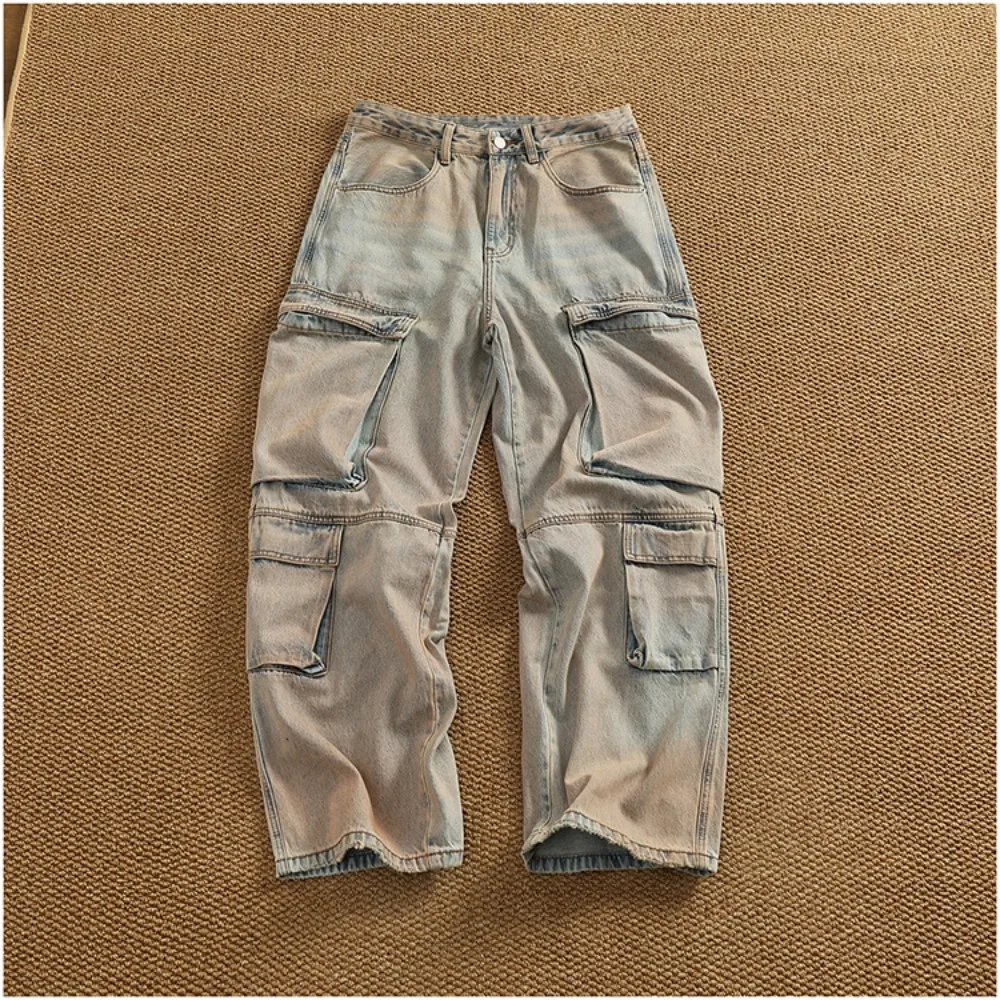 Heavy dirty wind heavy duty motorcycle jeans men's high street style heavy wash multi-pocket work loose straight pants
