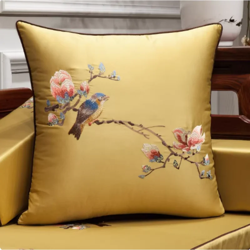 Chinese Style Embroidered Throw Pillow Cushion for Sofa, Bedside Pillow Case, Vintage Oriental Decorative Pillow for Living Room