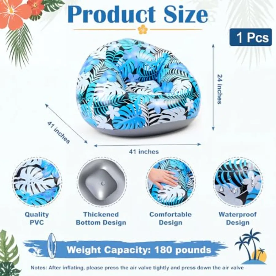 1 Pack Hawaiian Inflatable Chair Tropical Leaf Blow Up Sofa, Portable PVC Lounge Seat for Beach Pool Camping Dorm Reading Movie