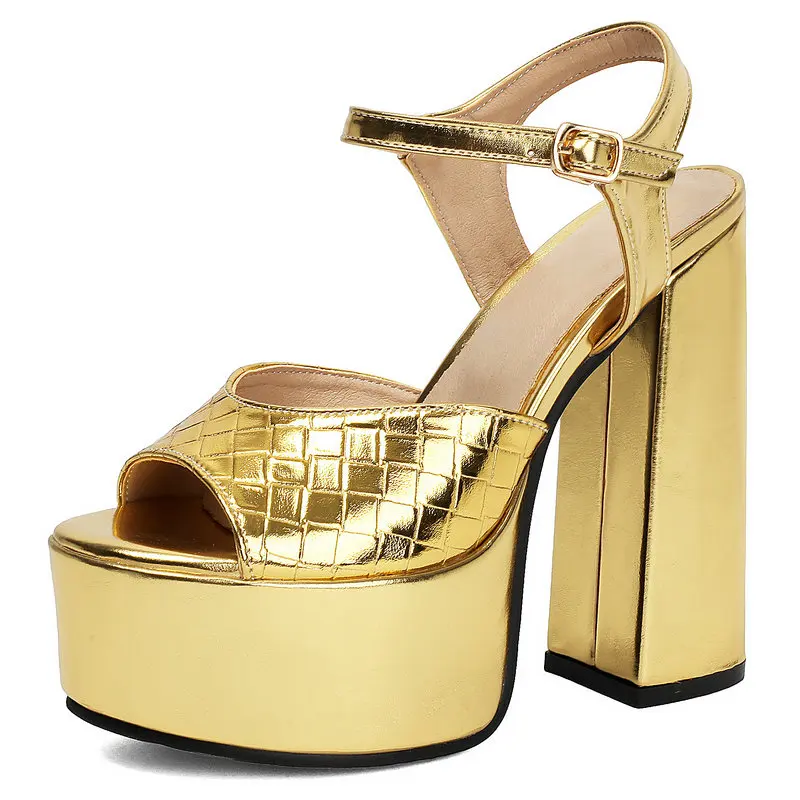 

Shiny Gold Silver Open Toe Summer Shoes Party Wedding Block High Heels for Brides Bridesmaids Platform Classic Heel Sandals