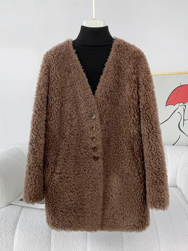 

2024 Lamb's Wool Warm Coat Female New Winter All Wool Loose Sheep Shearling Medium-length V-Neck Jacket Parka JT470