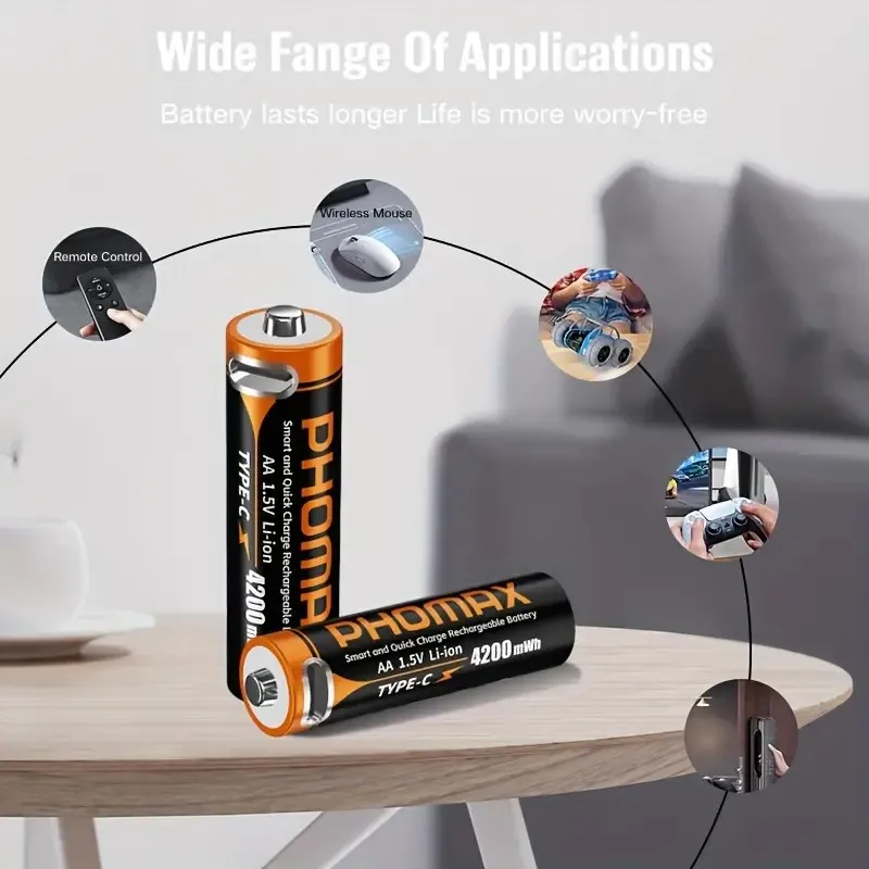 PHOMAX USB Lithium-Ion Rechargeable Batteries AAA 814mWh AA 4200mWh 1.5V Long-Lasting Battery for Digital Devices