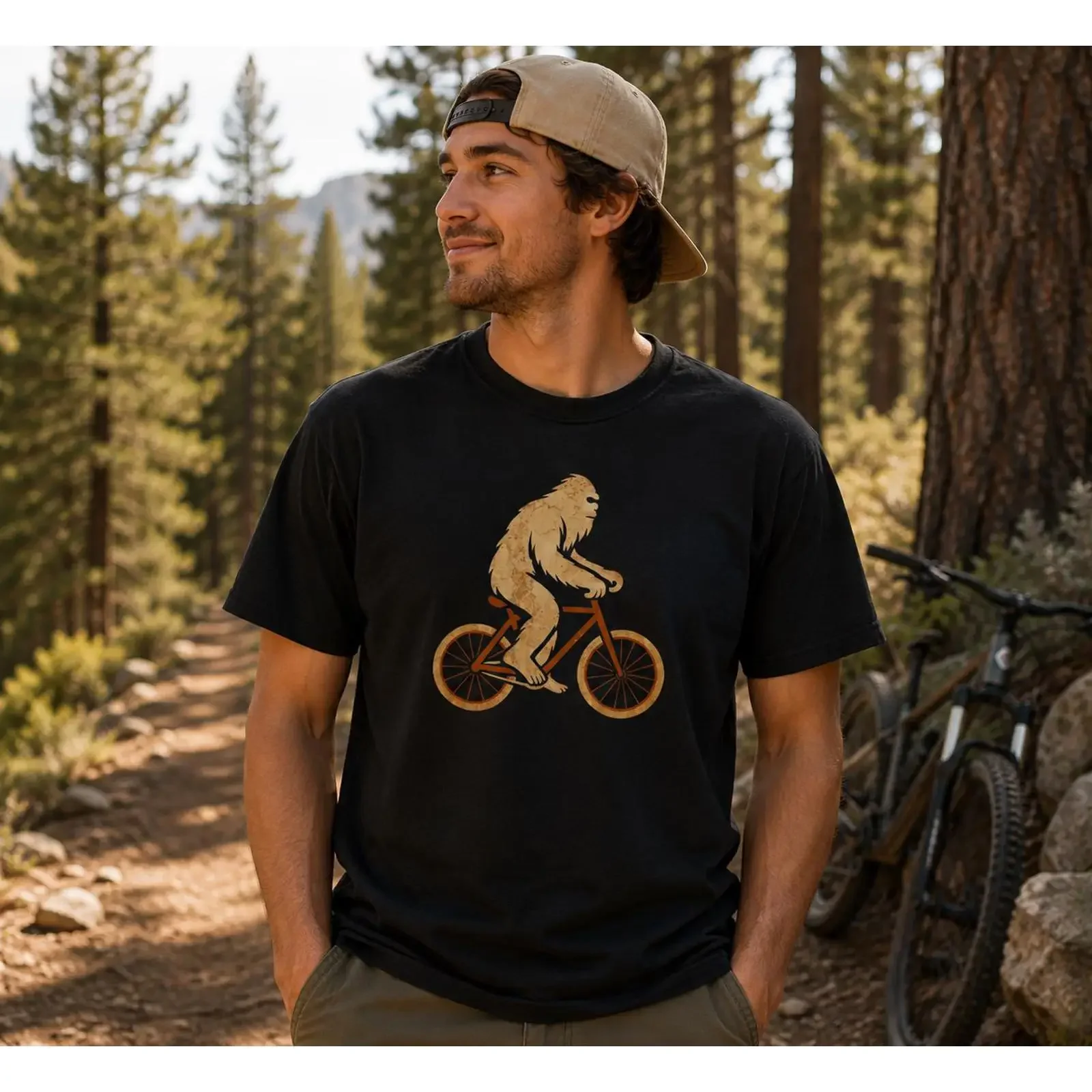 Bigfoot Cycling T Shirt Sasquatch Riding Bike Funny Cryptid Retro Outdoors  vintage Washed Versatile Unisex Comfortable