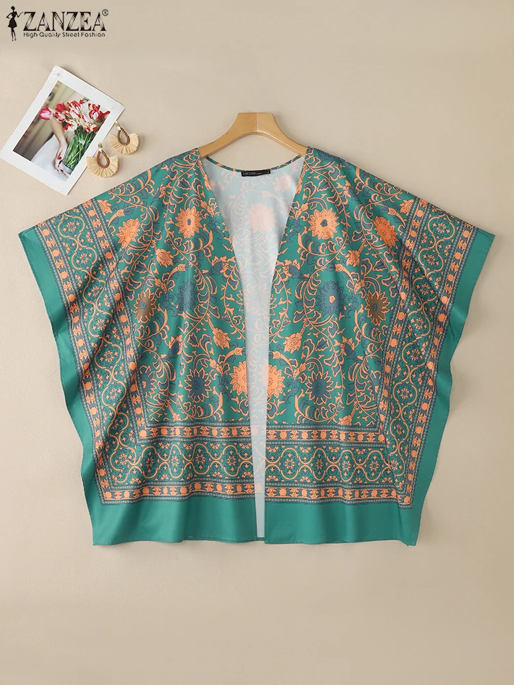 ZANZEA-Camiseta bohemia para vacaciones para mujer, ropa de día con cuello en V, Top de manga 3/4, cárdigan Vintage con estampado Floral y frente abierto para verano 2025
