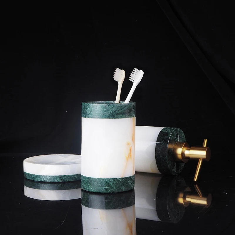 Indian Green and White Onyx Natural Marble Set of Bathroom Luxury Soap Dispenser Soap Dish Tissue Box Bathroom Accessories