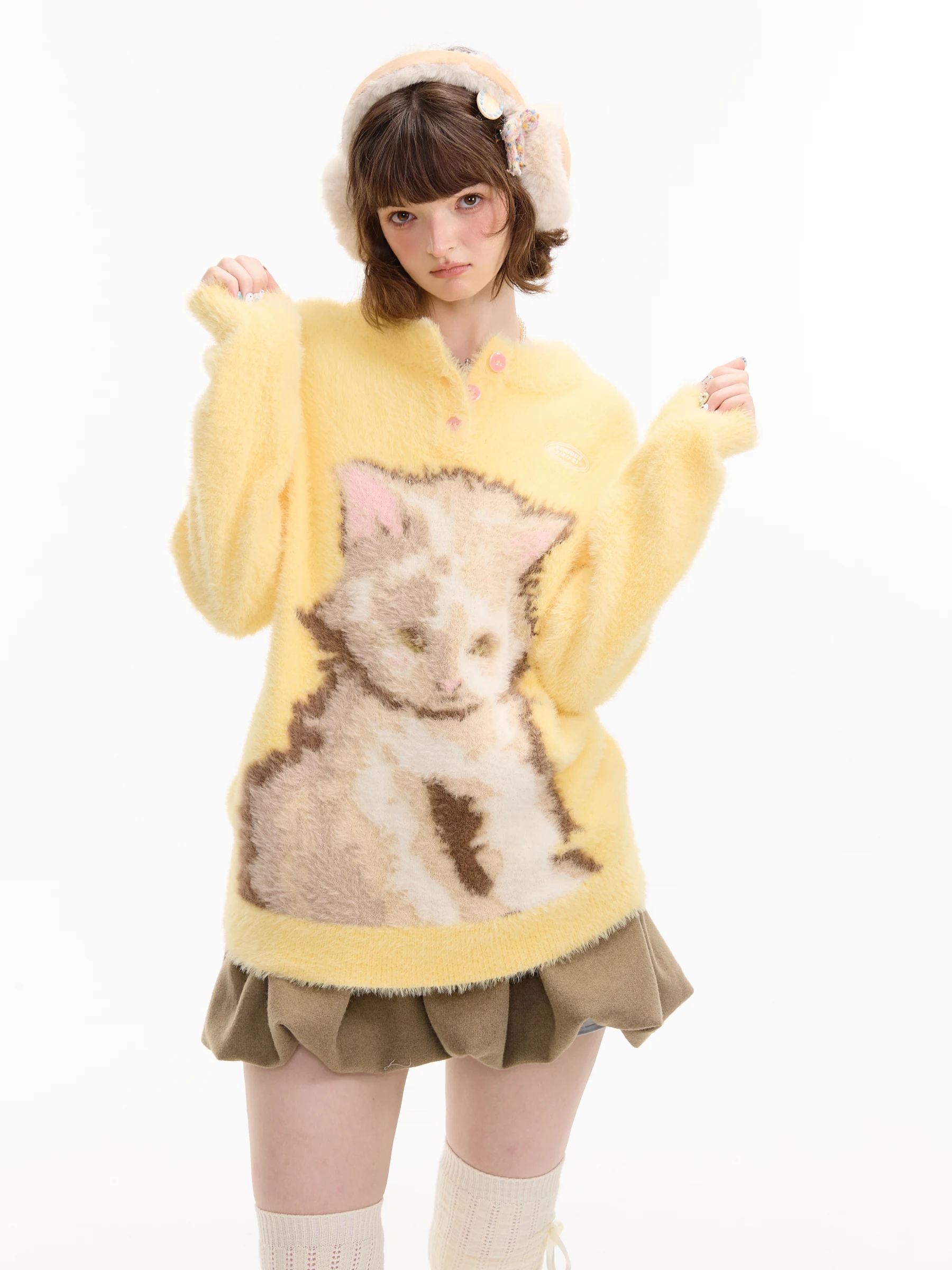 

ZiziFei, осенне-зимний новый Sle, американский ретро-дизайн, желтый принт, мягкий уютный женский свитер Lazy Sle, теплый термодлинный...