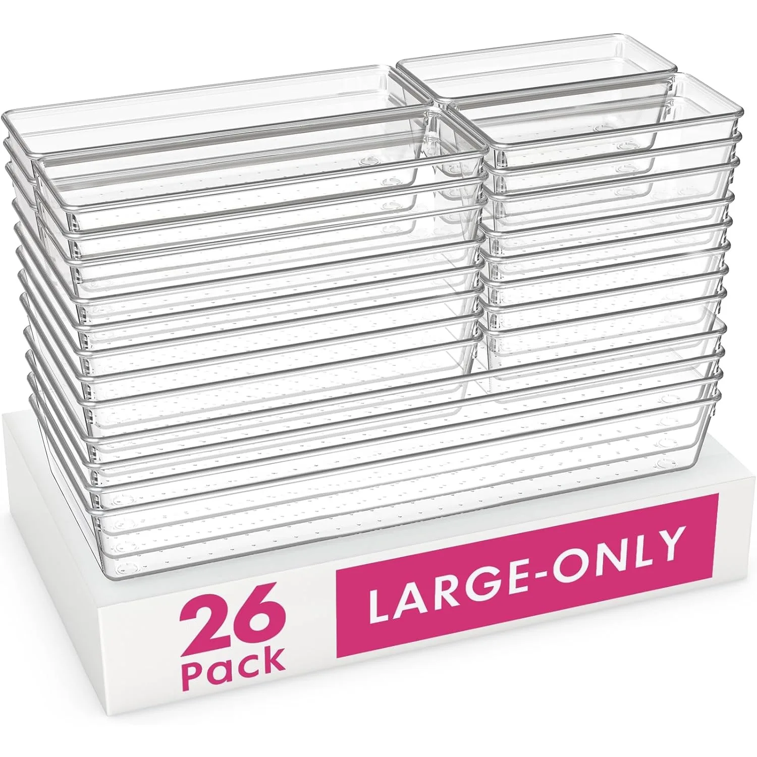 

26 Pack Large Clear Plastic Drawer Organizer Trays Acrylic Kitchen Drawer Organization & Storage Dividers Non-Slip Storage Bins