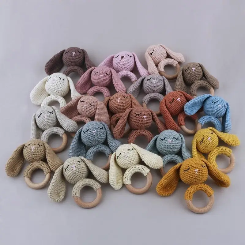 Baby Rattle Safe Wooden Toy Mobile Pram Crib Ring DIY Bunny Crochet Rattle Soother Bracelet Teether Handbell Baby Gifts