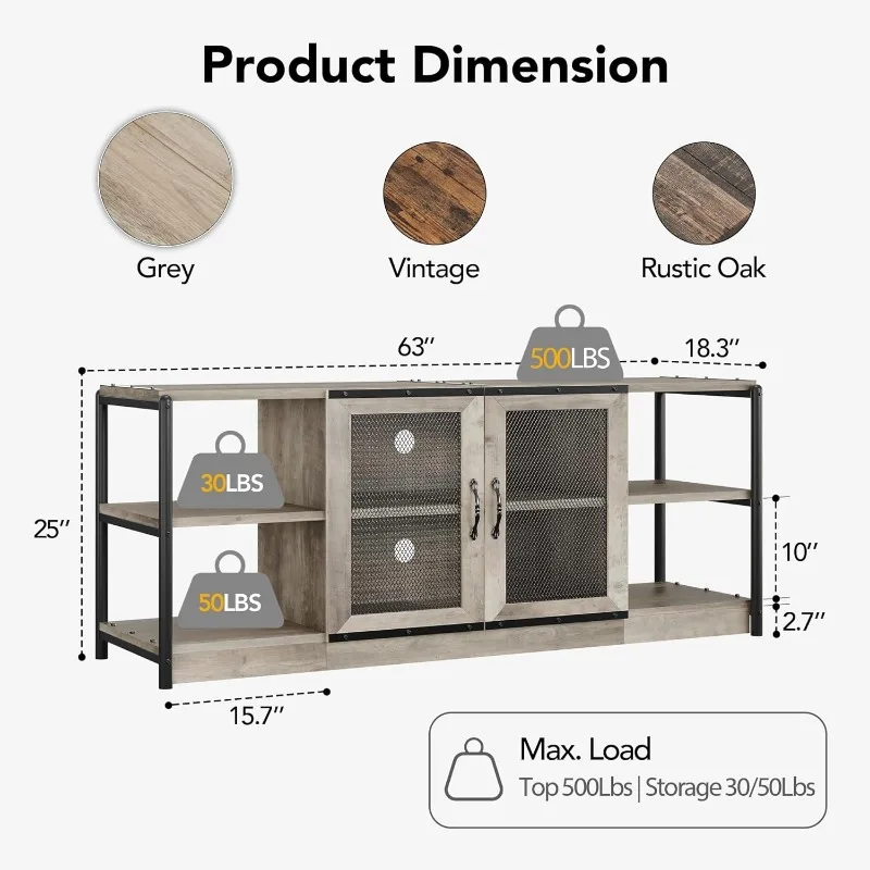 Farmhouse TV Stand for 65/75 inches TVs, Industrial Entertainment Center with Double Mesh Doors and Storage Cabinet, Rustic