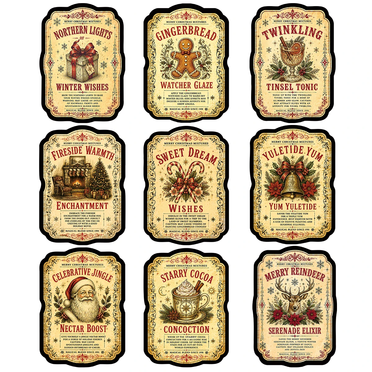 9pcs Vintage Christmas Stickers,Party Wine Bottle Labels,Self-Adhesive Decals For Glass Jars,Kraft Bags,Holiday Gifts Packaging
