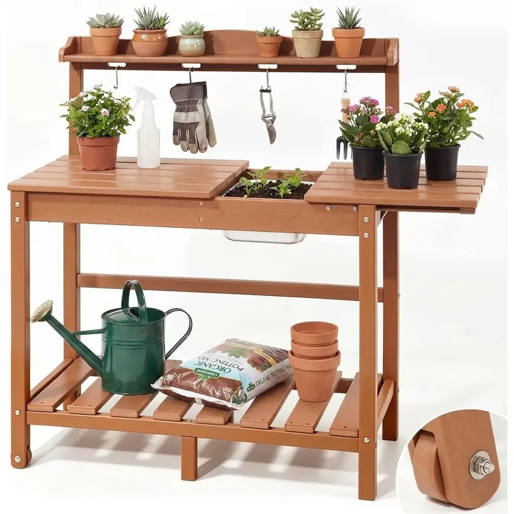 Brown Outdoor Potting Bench with Sliding Top, Removable Sink, Storage, Wheels & Hooks