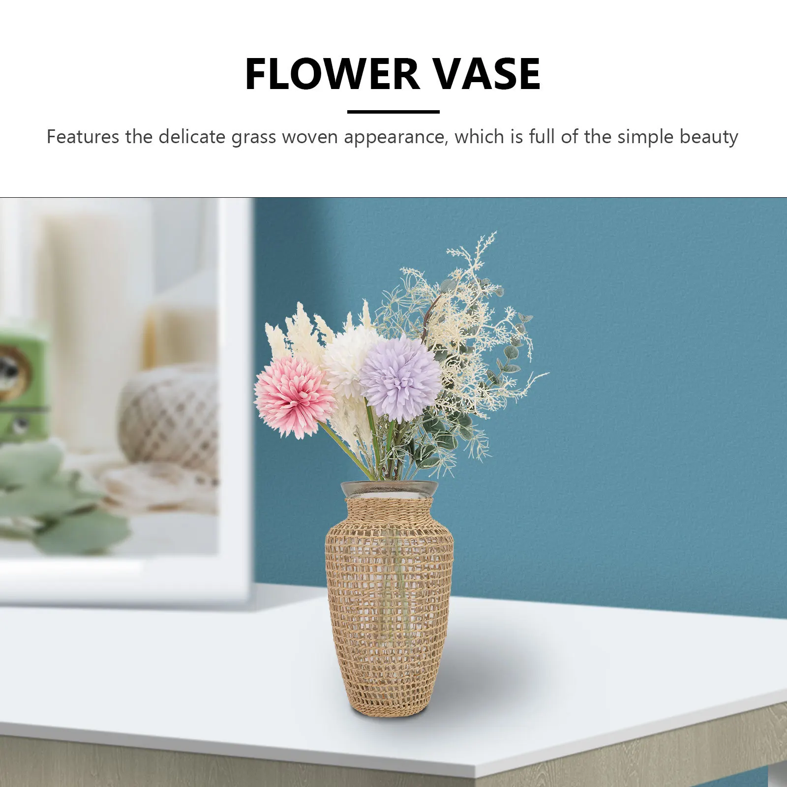 

1Pcs Practical Flower Vase Khaki Grass Woven Design for Home and Plants Decoration Flower Vase Chic Desktop Decor