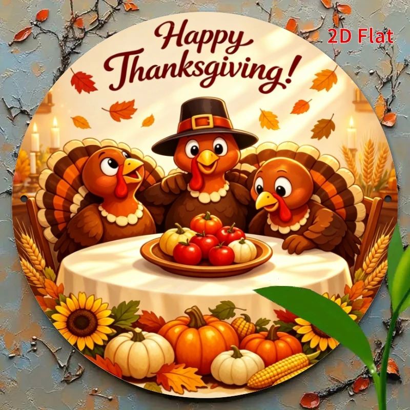 2D Flat - [2Dflat]1pc 20X20Cm Happy Thanksgiving Round Metal Tin Sign, Cute Cartoon Turkey Family Pumpkin Sunflower Round Metal