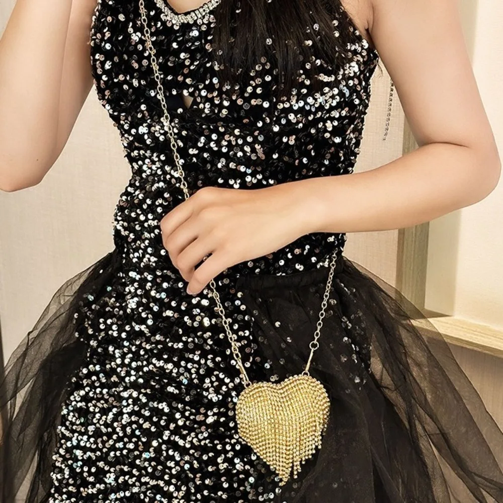 

Casual Rhinestone Tassel Dinner Bag Heart Shaped Acrylic Banquet Chain Bag Single Shoulder Korean Style Lipstick Bag Gift