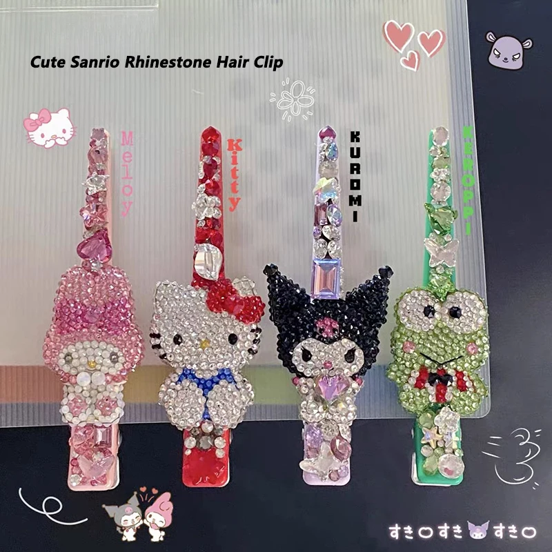 Cute Sanrio Hair Clip Anime Hello Kitty Sparkling Rhinestone One Word Clip Hairpin Clip Kawaii Girl Hair Accessories Gift