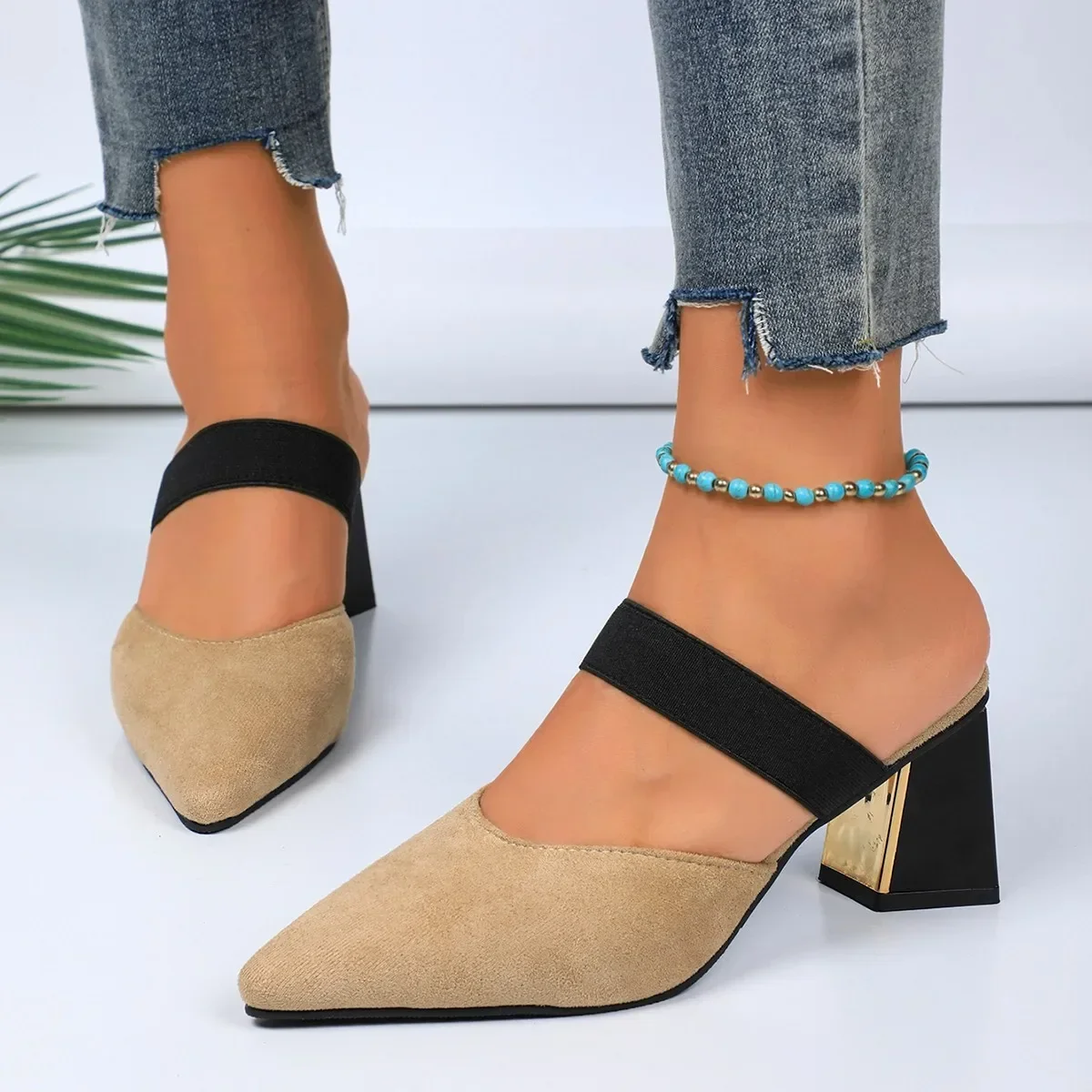 

Women Slippers Pointed Toe High Heels 2025 Summer New Fashion Plus 42 Size Dress Slipper Closed Toe Shoes Female Pantuflas Mujer