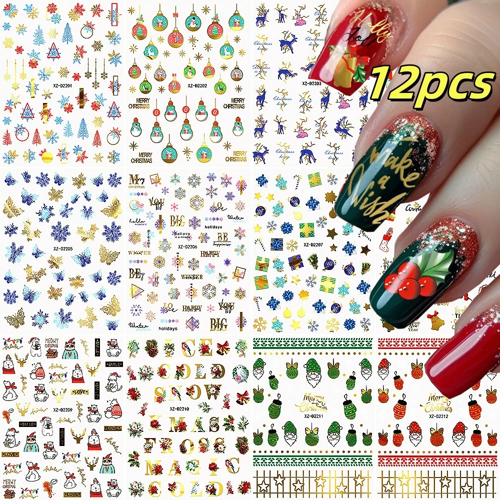 12PCS 3D Cartoon Santa Claus Nail Decals Christmas Nail Stickers DlY Snowflake Christmas Elk Nail Supplies Manicure Accessories*