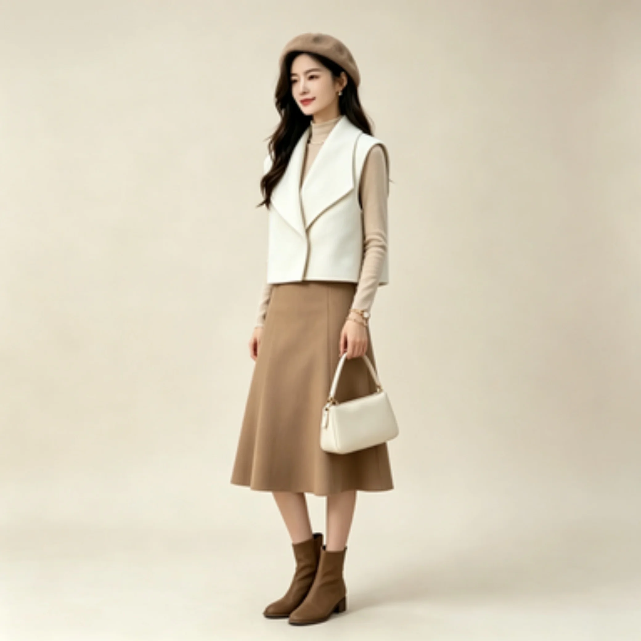 Women Oversized Collar Leather Strap Wool Vest