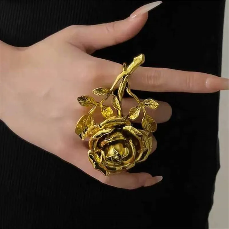 

French Style Long Rose Flower Metal Ring for Women 2026 New Personality Brooch Daily Party Accessory Suitable for Adults