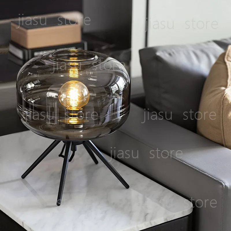 Modern simple light luxury creative personality bedroom table lamp living room decorative lamp Nordic bedside smoke gray glass