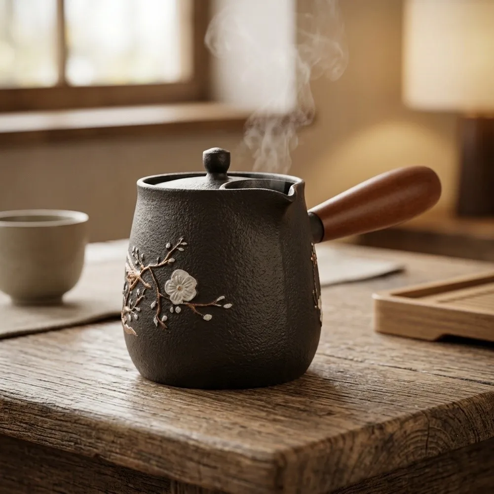 Cast Iron Tea Pot 0.6L Flat Bottom Construction with Filter Spout for Safe and Effective Stovetop Tea Preparation