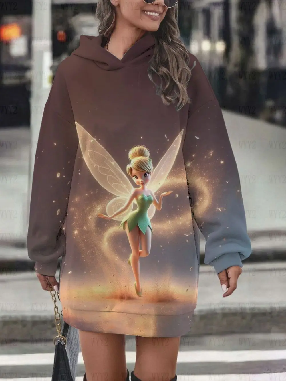 Dziewczęca odzież codzienna Jesienno-zimowa bluza z długim rękawem Wygodna sukienka Disney Wonderful Fairy Pattern Print Wszechstronny kaptur