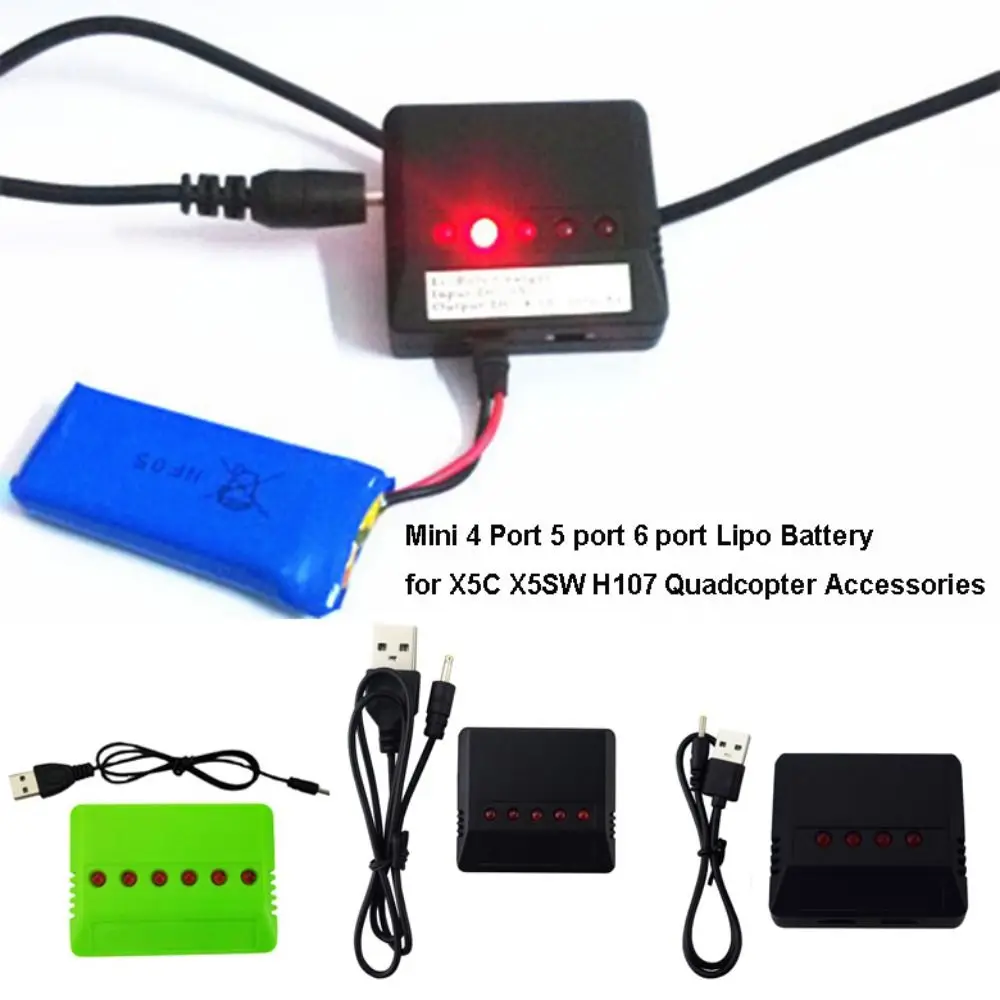 Mini Carregador USB de 4, 5 ou 6 Portas para Bateria Lipo, 3 Estilos (Preto/Verde), Peças de Plástico para Helicóptero RC UFO Quadricóptero