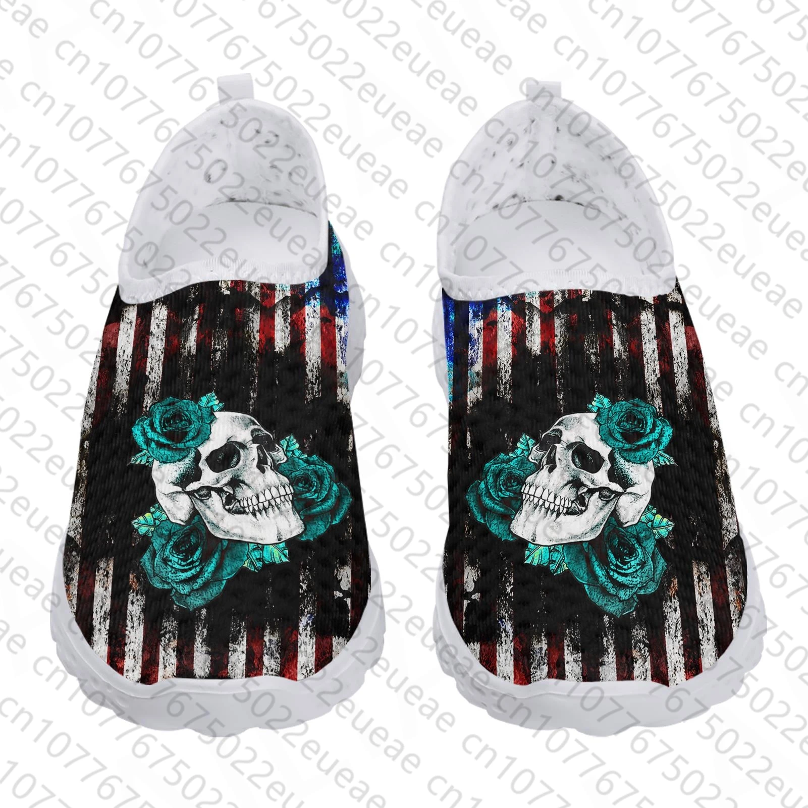 Trendy Flag Print Black Graffiti Design Flower Skull Print Lightweight Outdoor Summer Shoes Casual Sneakers Flats