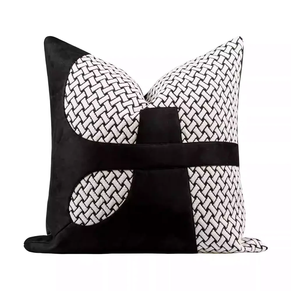 RUIYI Geometric Patchwork Throw Pillow Cover Black Velvet Woven Textured Square Cushion Case Modern Home Decor for Sofa Bedroom