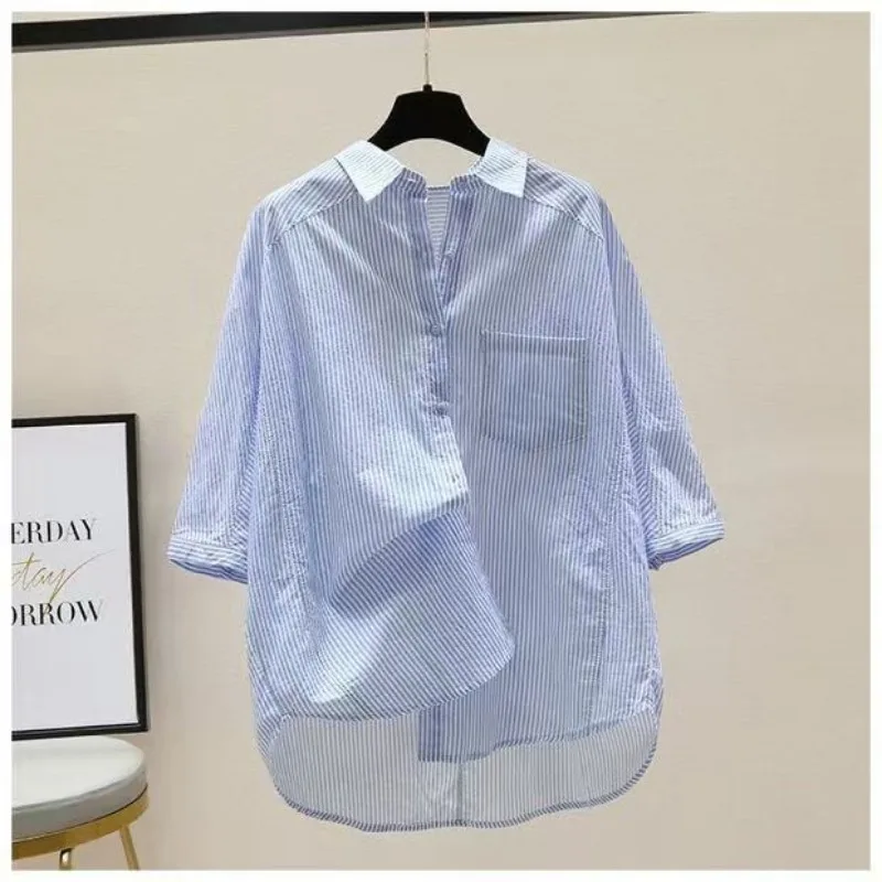 Camisa de mujer con solapa, rayas verticales, manga larga, bolsillo, holgada, informal, estilo oversize