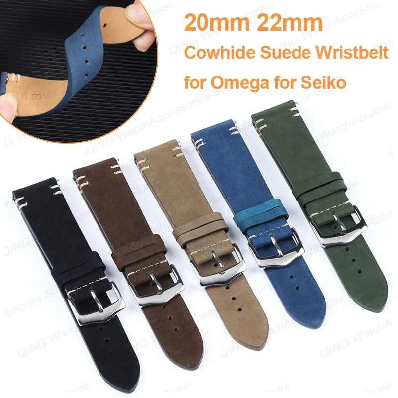 Smart Watch Straps Leather Watchband for Omega for Seiko 20/22mm Vintage Sport Wristbelt Quick Release Cowhide Suede Bracelet