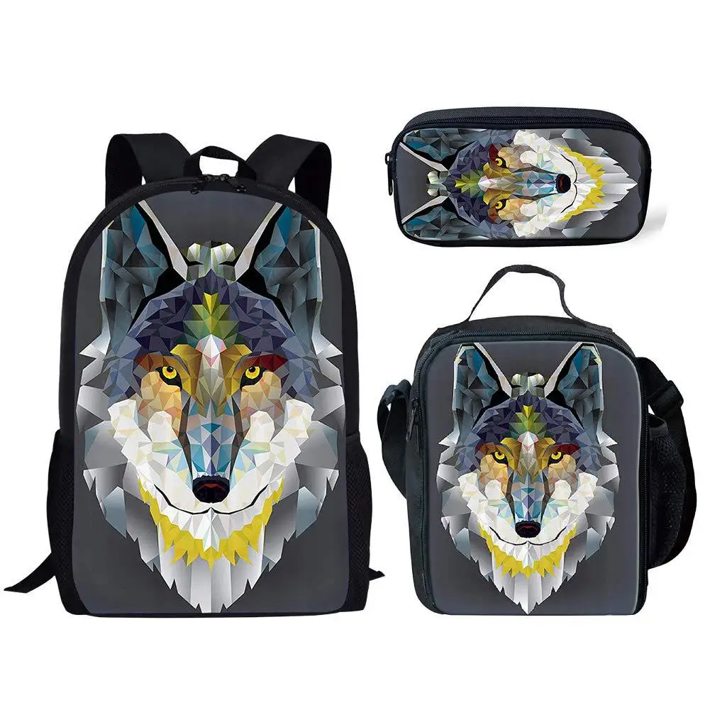 Creative Wolf Totem 3D พิมพ์ 3 ชิ้น/เซ็ตโรงเรียนกระเป๋านักเรียนวัยรุ่น Boys Girls Campus Daily กระเป๋าเป้สะพายหลังถุงอาหารกลางวันกระเป๋าดินสอ