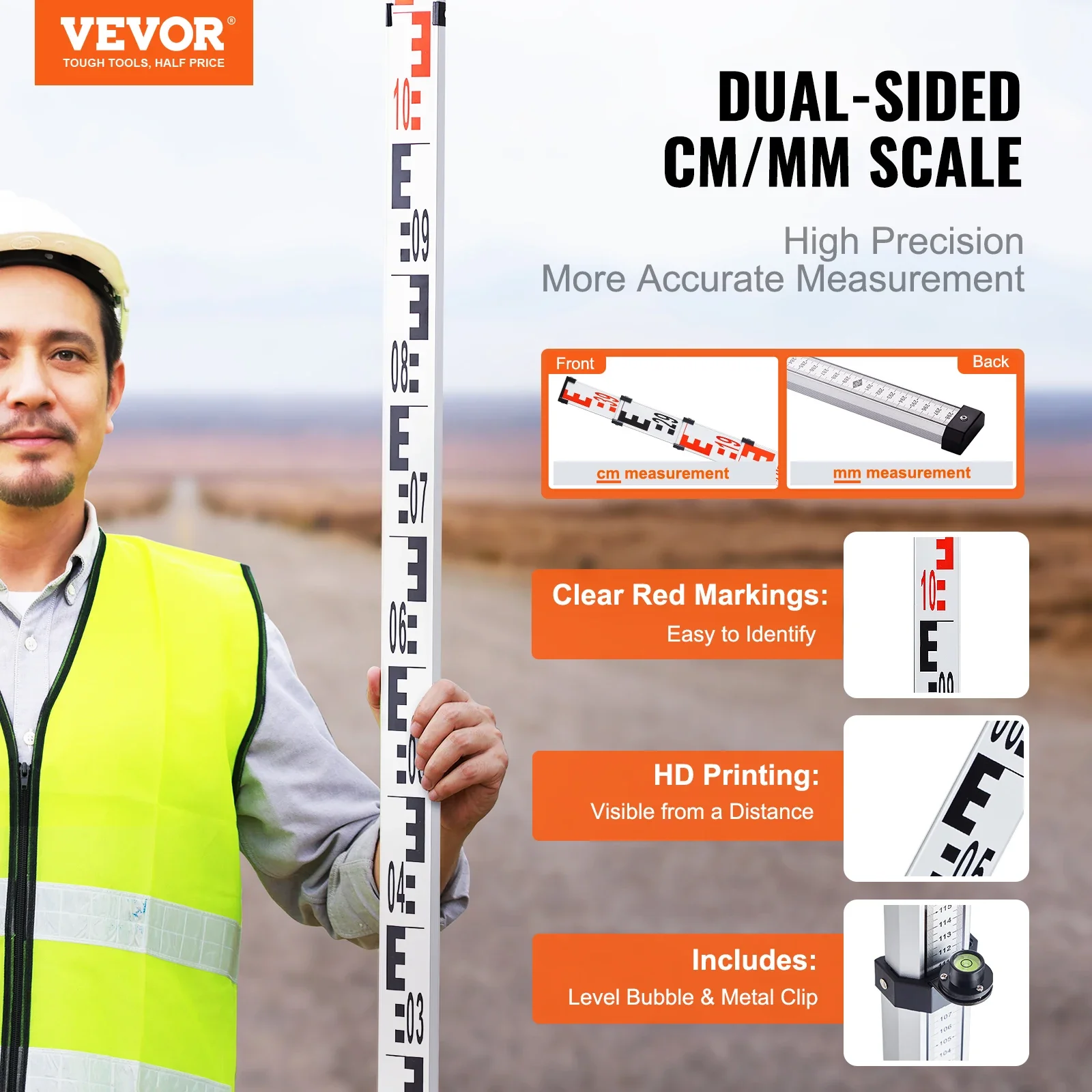 VEVOR الألومنيوم الصف قضيب 4 متر متري تلسكوبي قياس قضيب الوجهين مقياس في سنتيمتر/مللي متر التسوية قضيب عصا مسح سبائك الألومنيوم