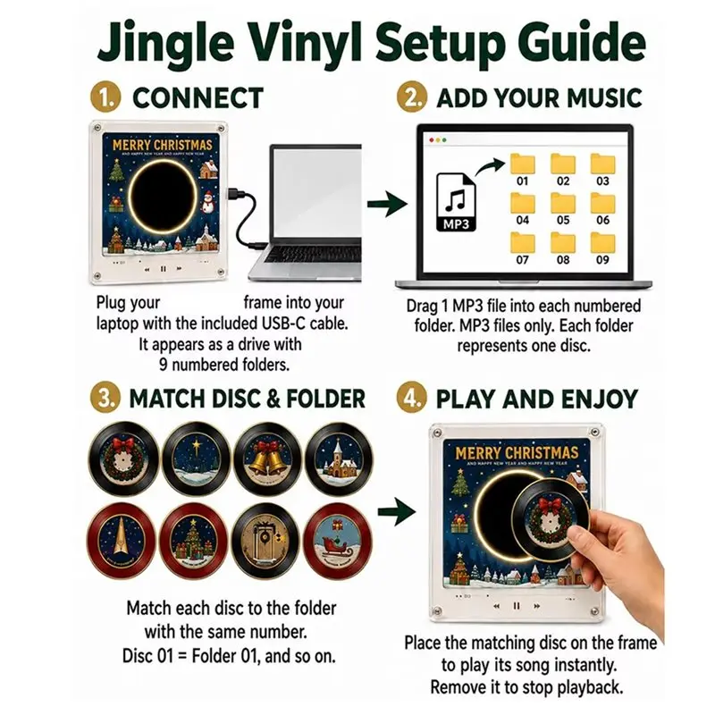 A02F-For Christmas Vinyl Player Fridge Record NFC Magnetic Music Box Set, With 9 Vinyl Style Disc For Christmas Decor