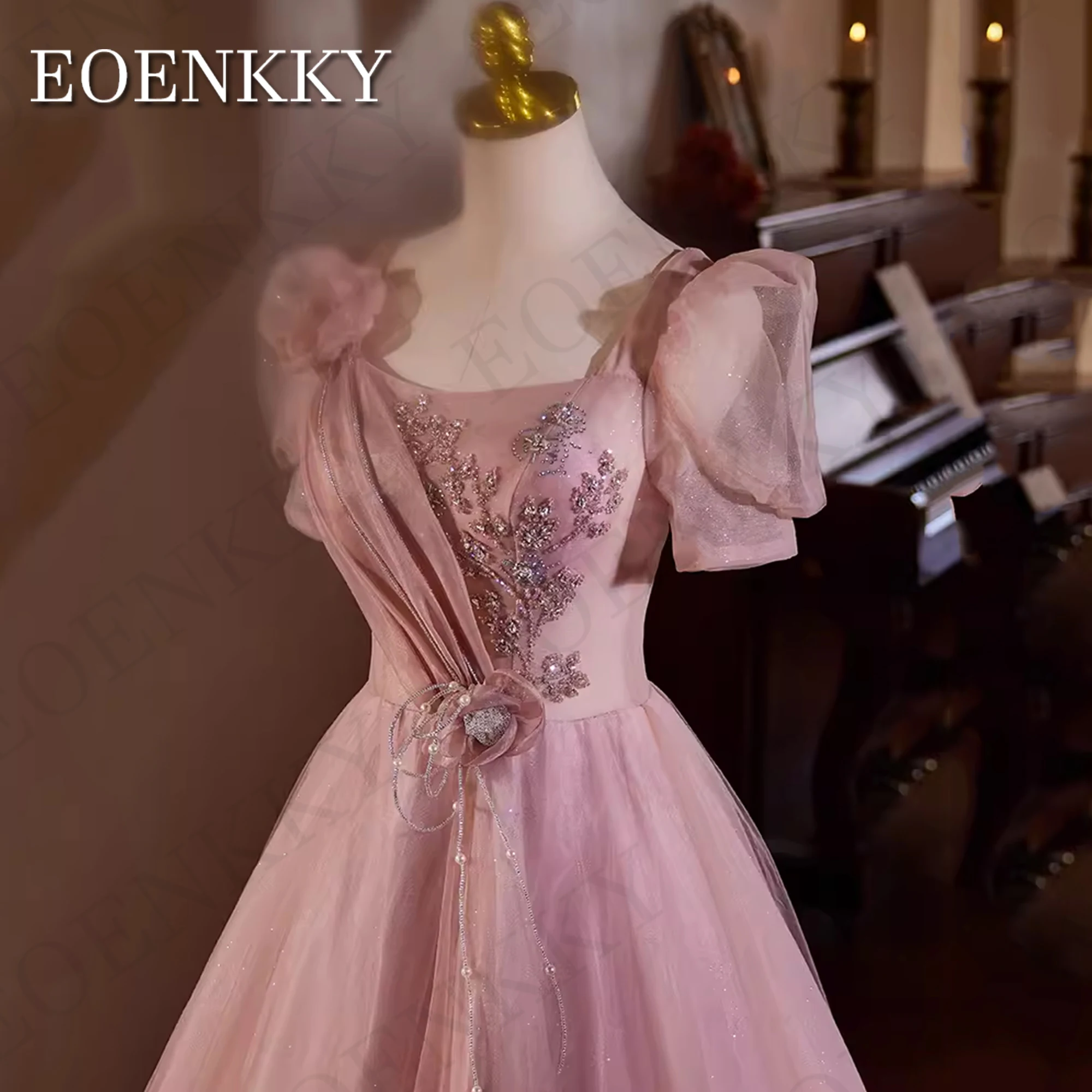 Shiny Princess Prom Dress Pink Puff Sleeve A Line Beading Tulle Sparkly Graduation Dresses Square Neck Women Abito da ballo principessa lucido rosa 