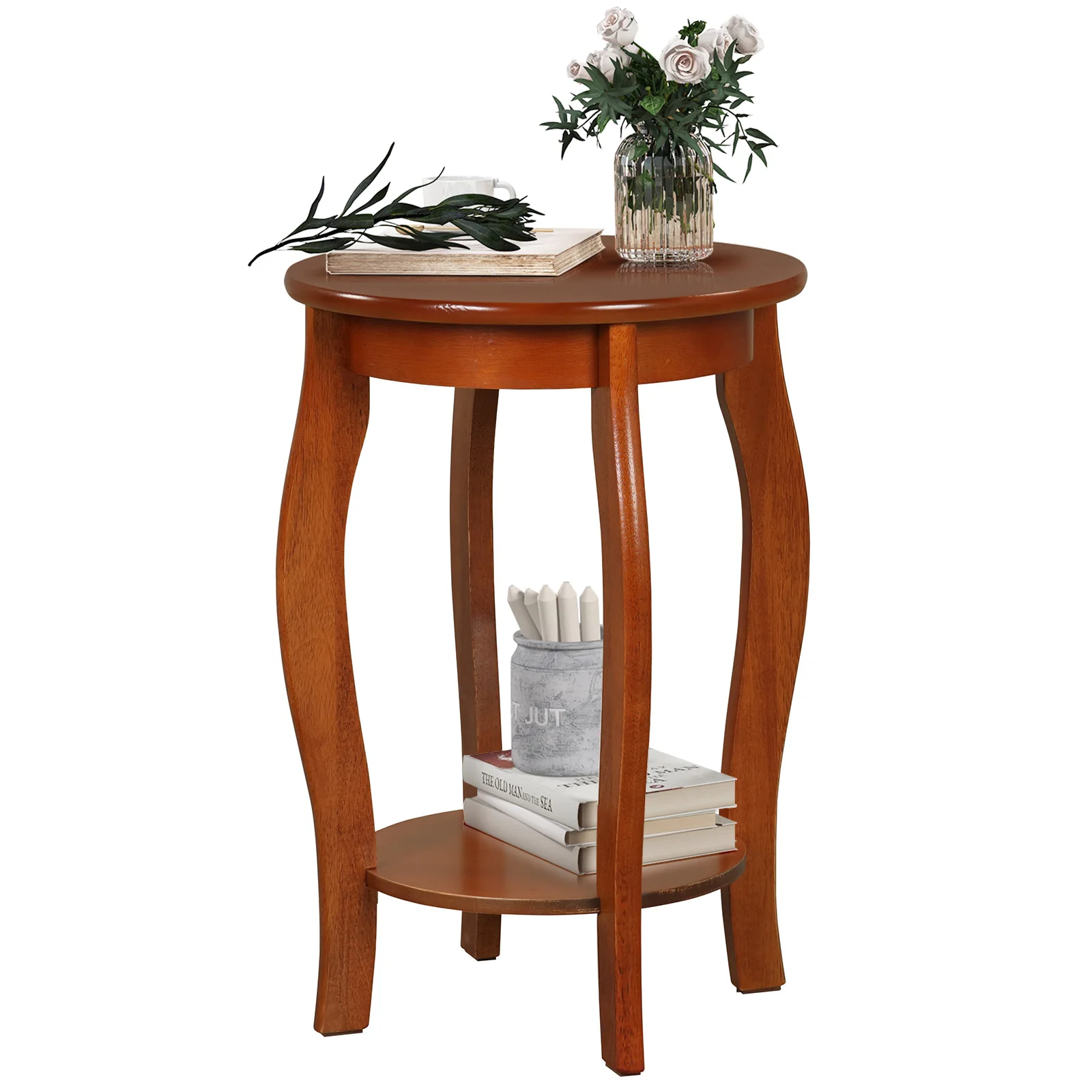 

2-Tier Round End Table Narrow Sofa Side Nightstand w/ Storage Shelf & Wood Legs