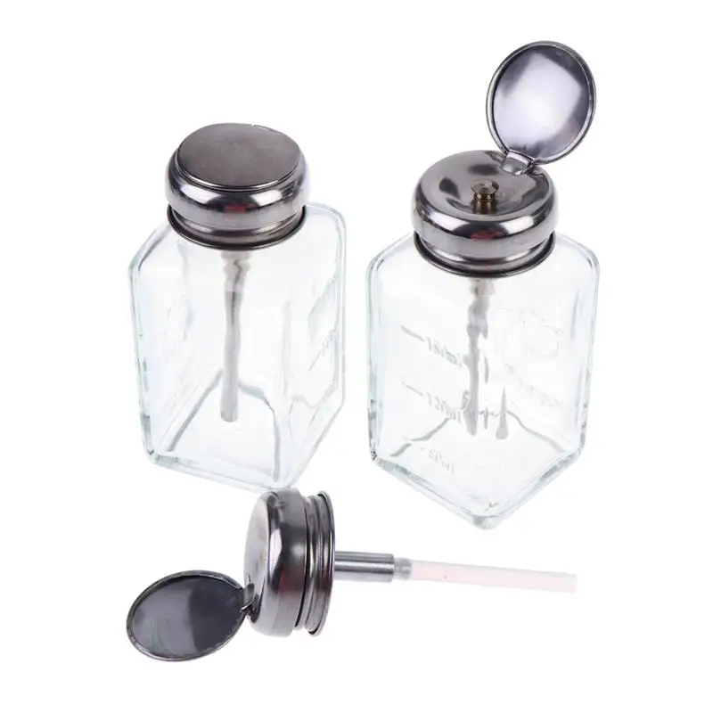 Professional Nail Polish Remover Pump Dispenser 150ml Transparent Glass Empty Bottle Refillable Press Jar for Salon Desk Use