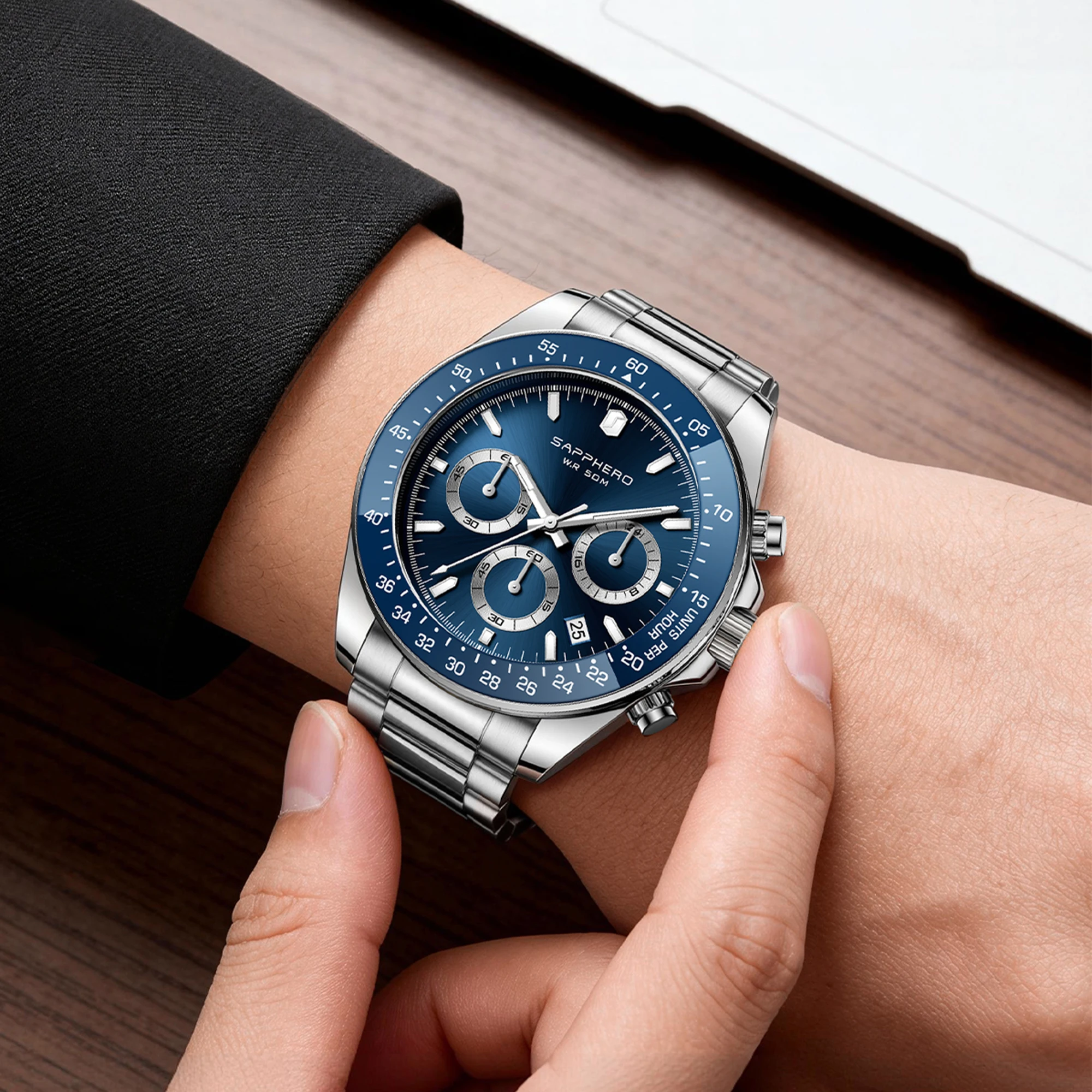 SAPPHERO Men's Watches Stainless Steel Quartz Chronograph 50 Meter Waterproof Watch Calendar Luxury Business Watch Gift