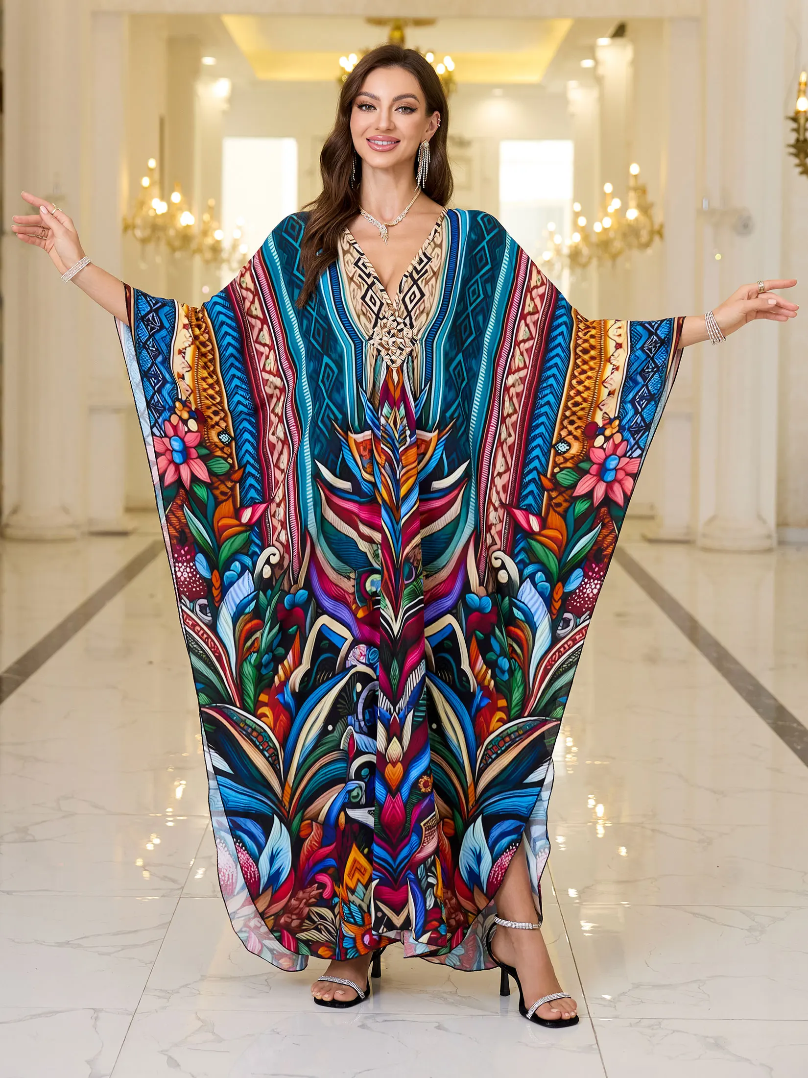 2024 Autumn Boho Printed Moroccan Kaftan Dress For Women Luxury Sexy V Neck Long Oversized Batwing Sleeves Maxi Dresse Q1755