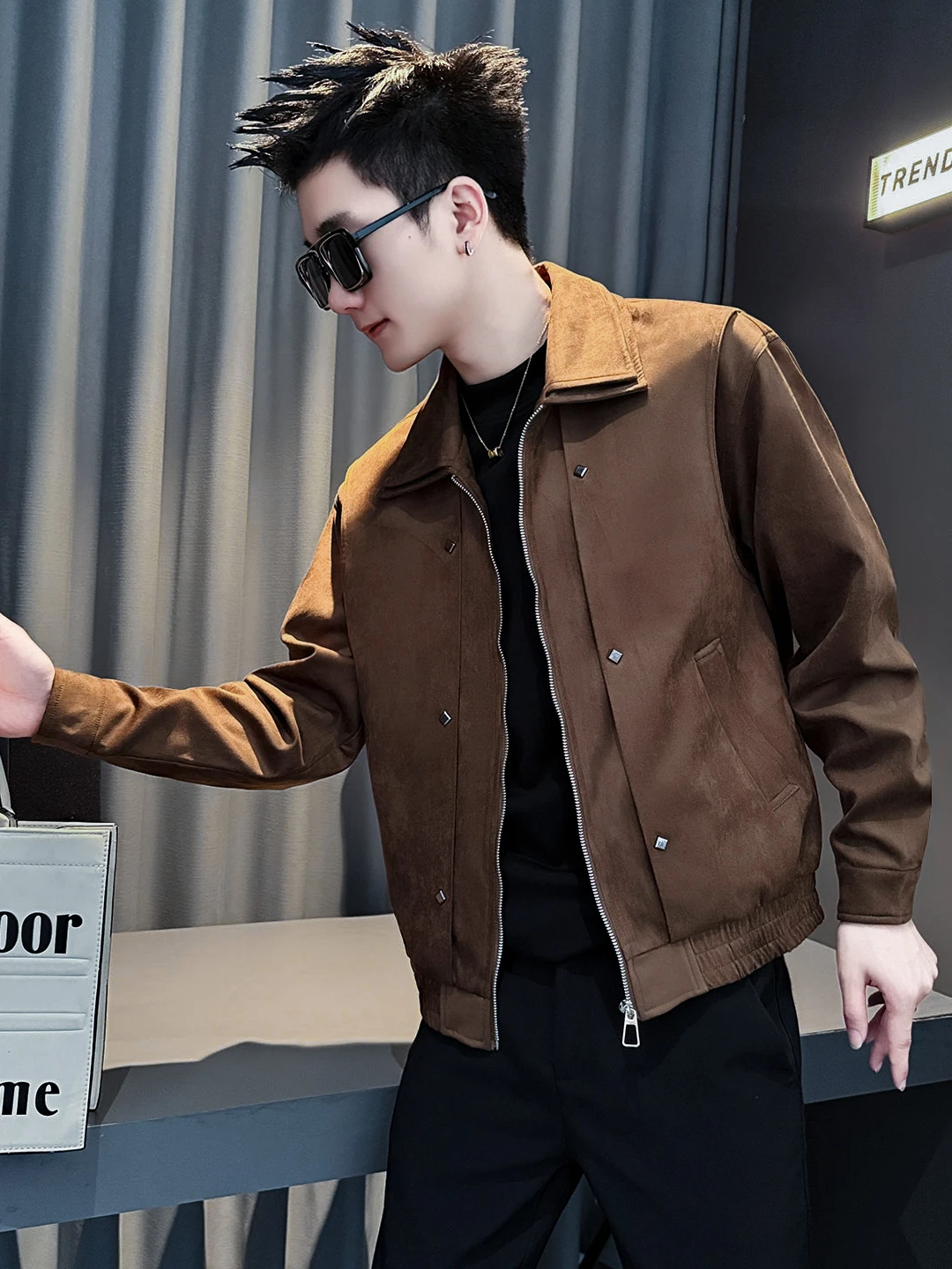 Capispalla Jaet con risvolto a doppio strato caramello Capispalla di marca alla moda Pelle scamosciata Calore Autunno Inverno Abbigliamento da lavoro americano di fascia alta Top Haome