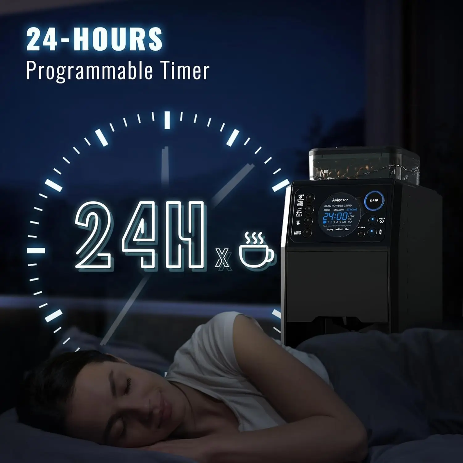 Máquina de café com moedor, temporizador 24h programável, 5 xícaras, máquina de café quente e gelado, reservatório removível, jarra de vidro fo