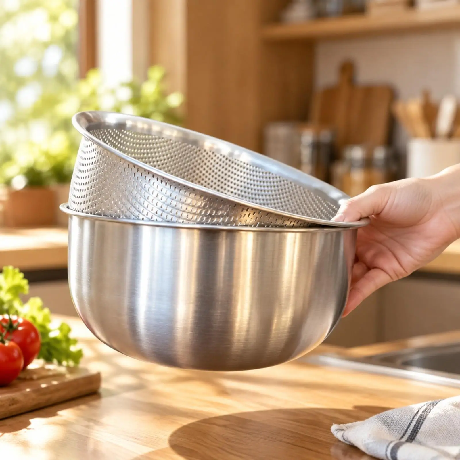 Heavy Duty Kitchen Colander Strainer Basket with Perforated Insert for Draining Pasta and Produce