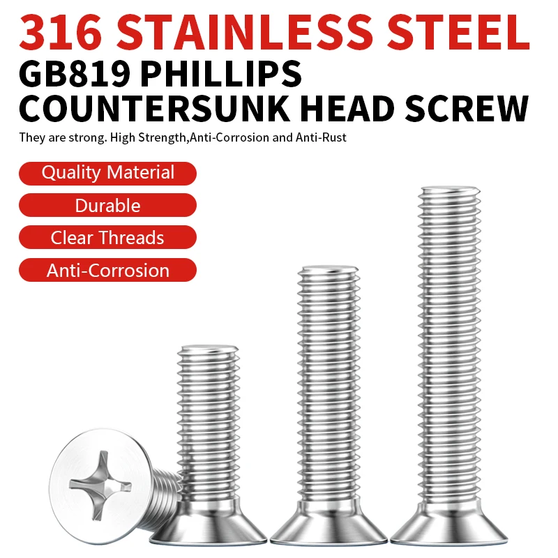316 Stainless Steel Phillips Countersunk Flat Head Machine Screws GB819 Cross Recessed Fasteners Bolts M2 M2.5 M3 M4 M5 M6 M8M10