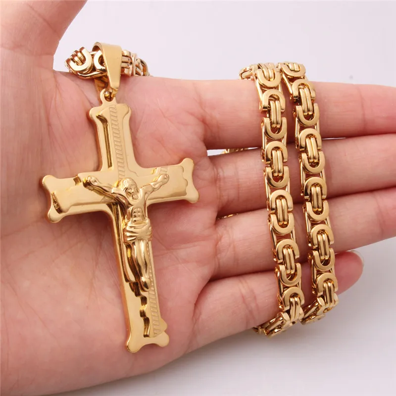 RAKOL Cross Jesus Crucifixion Necklace For Men Women Gold Silver Black Color Stainless Steel Byzanine Chain Crucifix Pendant